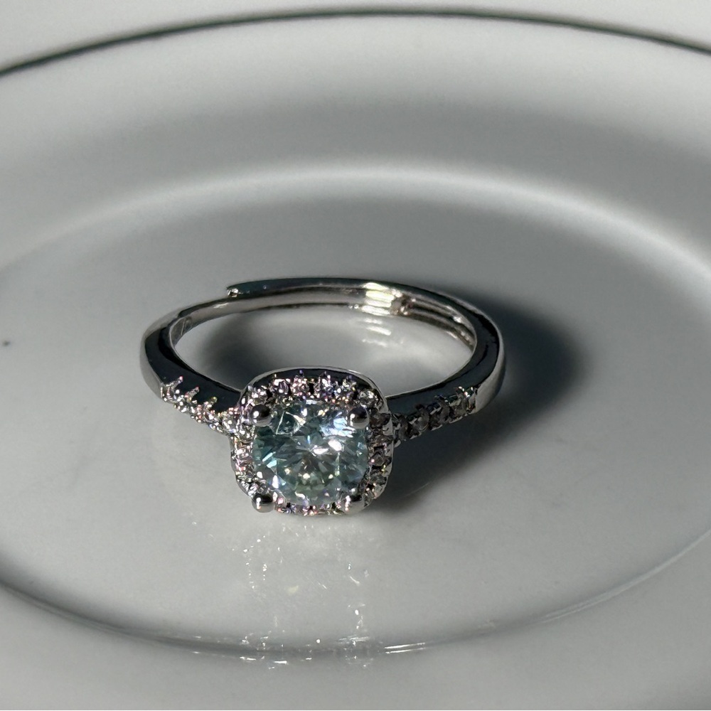 Light blue moissanite 1CT cushion cut women’s Ring white gold plated adjustable
